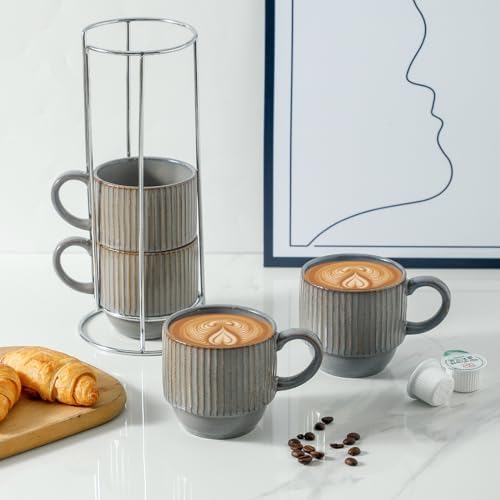 Hasense Porcelain Coffee Mugs, 12 oz Stackable Coffee Cups Ceramic with Steel Rack, Modern Ribbed Latte Cup Sets for Cappuccino, Tea, Espresso, Hot Cocoa, Drinks - Dishwasher & Microwave Safe, Brown
