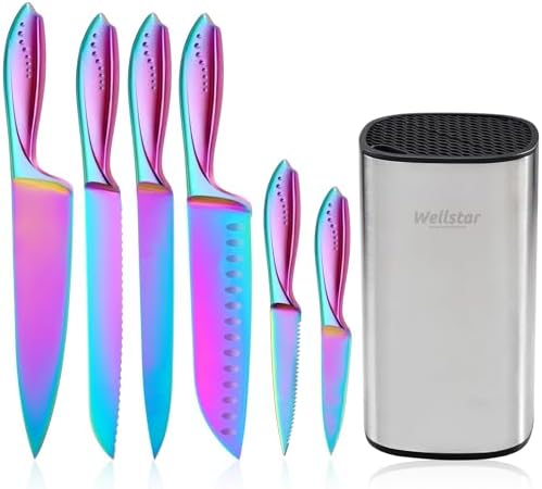 WELLSTAR Rainbow Knife Set - 7-Piece Iridescent German High-Carbon Stainless Steel Kitchen Knives with Universal Knife Block, Colorful Kitchen Cutlery for Cooking and Food Prep
