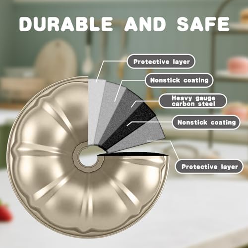 10 Inch Cake Pan, Nonstick Round Fluted Tube Cake Baking Pan, Buntz Pound Cake Mold,Tube Bakeware,Baking Mold for Jello/Gelatin/Chocoflan, Non Toxic, Easy Clean - Gold