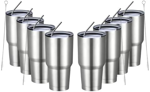 MEWAY 30oz Insulated Tumbler With Lids and Straws,Stainless Steel Double Vacuum Coffee Tumbler Cup, Brush, Durable Powder Coated Coffee Cup for Cold & Hot Drinks, Office, Travel(Silver,8 PACK)