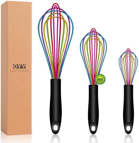OYV Rainbow Silicone Whisk Set of 3, 8/10/12 Inch, Dishwasher Safe,Colorful