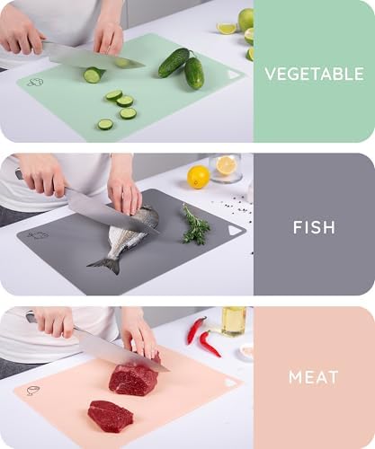 Flexible Plastic Cutting Board Set of 3 - Non-Slip, BPA-Free, Color-Coded Chopping Mats for Meat, Veggies & Fruit, 15" x 12", Hand Wash