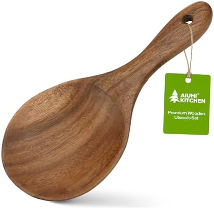 AIUHI Wooden Rice Paddle, Teak Wood Rice Spoon with Hanging Hole, Non-Stick Safe Wooden Serving Spoon for Rice, Grains & More