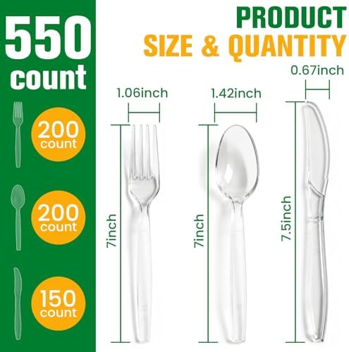 550 Count Plastic Silverware Heavy Duty, 200 Forks, 200 Spoons, 150 Knives