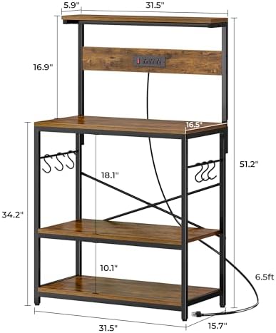 SUPERJARE Bakers Rack with Power Outlets, Microwave Stand, 31.5 X 16.5 Inch Larger Desktop, Kitchen Storage Rack with Adjustable Middle Shelf, 6 S-Shaped Hooks, Coffee Bar Stand, Rustic Brown