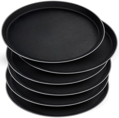 Mwellewm 6 Pcs Round Serving Tray, 11 Inch Non Slip Surface Round Tray Black Server Tray Plastic Food Meals Server with Raised Edges for Home, Kitchen, Restaurant, Cafeteria, Bar, Hotel