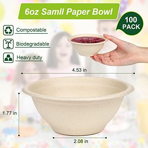 6oz Small Compostable Paper Bowls, 100 Pack Biodegradable Bagasse