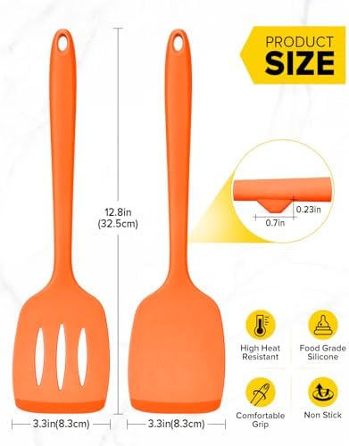 Pack of 2 Silicone Spatula Turners, Non Stick Slotted Kitchen Spatula Set, Heat Resistant BPA Free Kitchen Utensils, One-Piece Design, Suitable for Flipping Fish, Eggs, Steak, Pancakes (ORANGE)