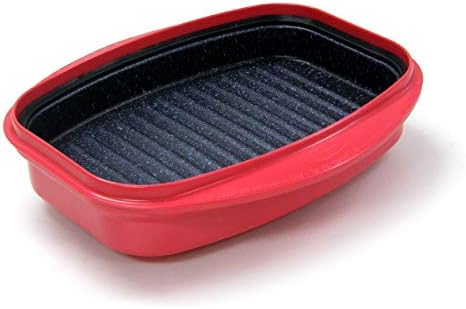 Microwave Grill Pan with Lid for Grilling, Browning, and Crisping Vegetables, Sandwich, & Meat, Red