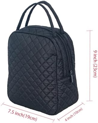 Machine Washable Women Quilted Fabric Insulated Reusable Cooler Lunch Bag Tote Adult Thermal Lunch Box Storage Bag for Ｗork (Black)