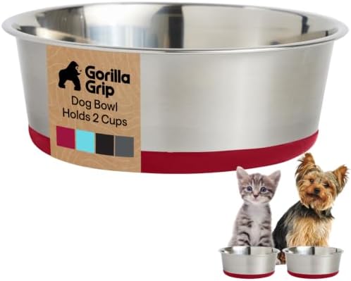 GORILLA GRIP Dog Bowl, Food Grade Stainless Steel Water Bowls, 2 Cup Red