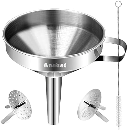 Anaeat Stainless Steel Kitchen Funnel, Multi-Use Premium Metal Food Grade Cooking Funnels with 2 Removable Strainer Filter for Transferring Liquid or Dry ingredients, Oils & 1 Pc Cleaning Brush (5.0")