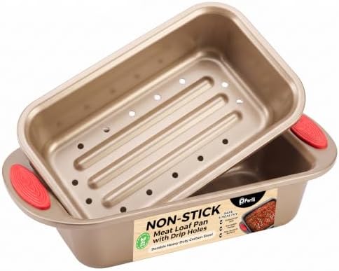 PERLLI Nonstick Meatloaf Pan with Drain Tray, Elevated Inner Pan for Fat and Grease Removal, Easy Grip Silicone Handles, Dishwasher Safe with Heavy-Duty Carbon Steel Bakeware for Even Heating (Brown)