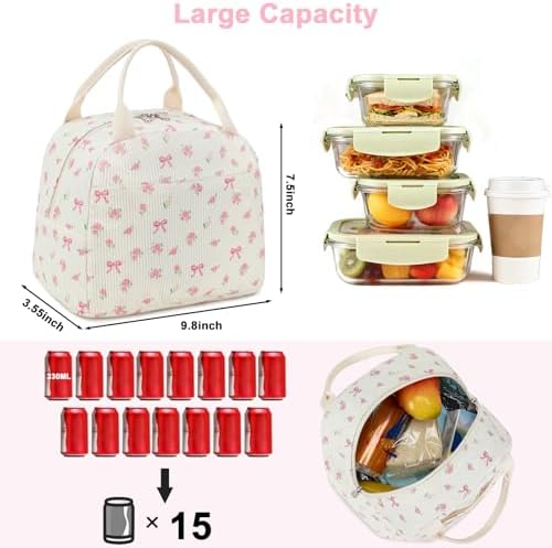 BTOOP Lunch Box for Women Men Cute Corduroy Lunch Bags Large Capacity Insulated Lunch Tote Bag For Work Travel Or Picnic (Pink Bow Floral-1)