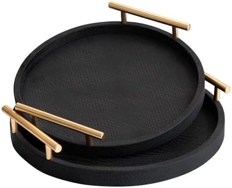 2 Piece Black Round Serving Tray with Handles, Woven-Texture Faux Leather Ottoman Tray for Living Room, Decorative Tray for Coffee Table Home Decor
