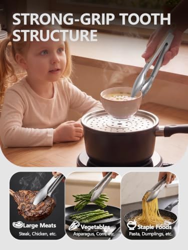 Stainless Steel Kitchen Tongs with Teeth Good Grip, 3Pcs Mud Color