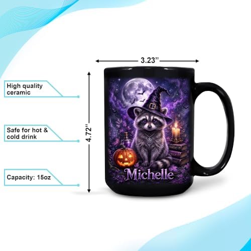 Hyturtle Personalized Halloween Raccoon Mug, Custom Name Gift for Women