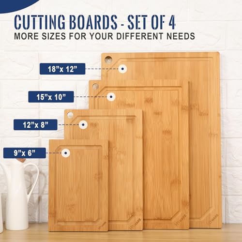 Hiware 4-Piece Extra Large Bamboo Cutting Boards Set for Kitchen, Heavy Duty Cutting Board with Juice Groove, Bamboo Chopping Board Set for Meat, Vegetables - Pre Oiled