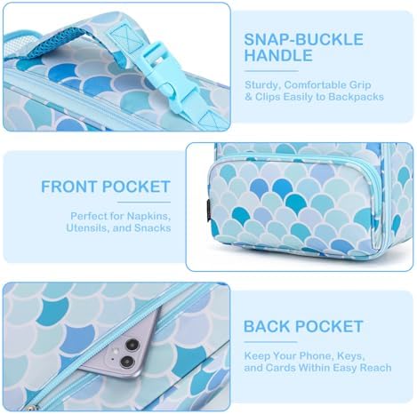 FlowFly Kids Lunch box with buckle Insulated Cooler Back to School Thermal Meal Tote Kit for Girls, Boys (Mermaid)