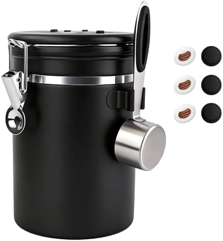 ShanSon Coffee Canister Airtight, Stainless Steel Bean Storage Container with Date Tracker & Scoop, Grounds Sugar Flour Tea Cereal Fits Kitchen Pantry, Ideal Gift for Coffee Lovers,22oz, Black