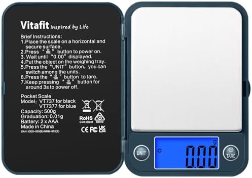 Vitafit 500g Digital Pocket Scale,High Accuracy Assured by Scale Professional Factory Since 2001, Gram Scale 0.01g for Multifunction: Lab,Food, Kitchen,Coffee,Jewelry; Blue