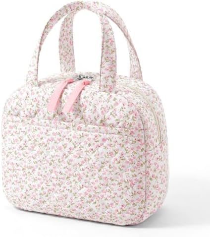 WOBAGMEN Quilted Lunch Box for Women,Coquette Aesthetic Lunch Box for Teen Girls,Cute Floral Lunch Bags for Work, School,Office,Picnic,Travel (pink floral)