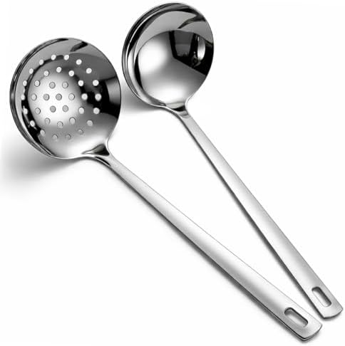 Berglander Slotted Spoons and Kitchen Ladle Spoon Set 2 Pcs, Stainless Steel Kitchen Spider Strainer Skimmer Soup Ladle for Straining Pasta/Cooking/Frying, Serving Soup/Gravy, Metal Kitchen Utensils