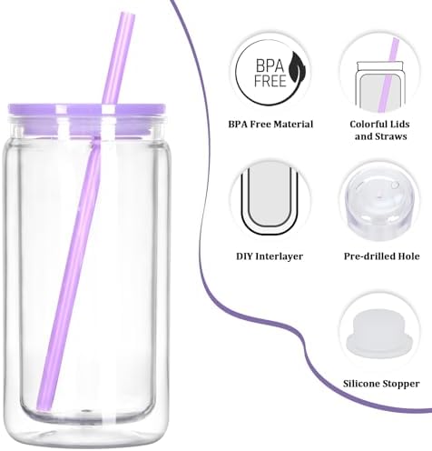12 Pack Acrylic Snow Globe Tumbler with Pre Drilled Hole, 16 Oz Double Wall Plastic Can with Lid and Straw, Plastic Mason Jar Mug for Snow Globe Glitter DIY Gift (Mixed Colors)