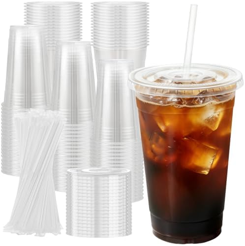 100 Pack 20 oz Disposable Clear Plastic Cups with Lids and Straws