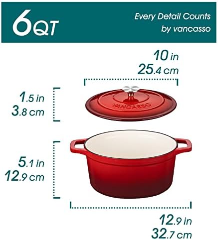 vancasso 6 Qt Round Enameled Cast Iron Dutch Oven with Lid & Handles, Red