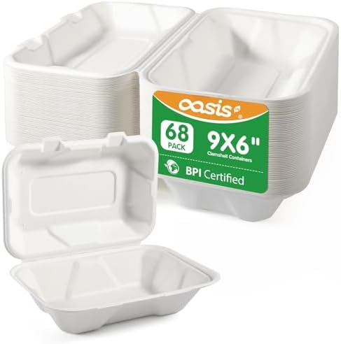 9x6x3 Inch 68 Pack Clamshell Take Out Food Containers, Compostable Disposable Paper To Go Boxes with Lids, Heavy Duty Sugarcane Bagasse Lunch Boxes for Leftovers, Meal Prep & Takeout, White