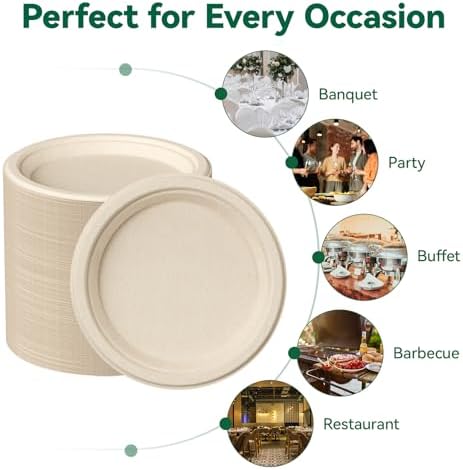 JOLLY CHEF 100% Compostable Paper Plates, 150 Pack 9 Inch Heavy Duty Plates, Disposable Biodegradable Eco-Friendly Sugarcane, Bulk Nature