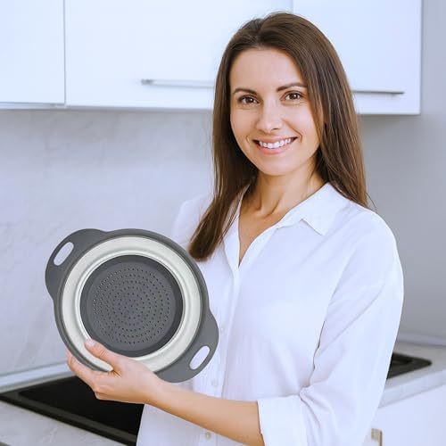 Round Silicone White Colander Collapsible – Foldable White Kitchen Strainer Small Collapsible Colander with Plastic Handles for Draining Vegetable and Fruit Silicone Kitchen Strainer for Pasta