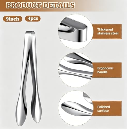 4 Pack Silver Polished Serving Tongs 9 Inch