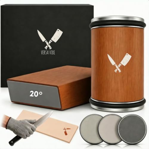 Premium Rolling Knife Sharpener Kit - High Carbon 400/1000/3000 Grit Diamond & Ceramic Discs, 15° & 20° Angles, Leather Strop & Anticut Gloves | Knife Sharpener for Chef, Santoku, & Utility Knives