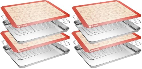 Stainless Steel Baking Sheet Tray Cooling Rack with Silicone Baking Mat Set, Cookie Pan with Cooling Rack, Set of 6 (2 Sheets + 2 Racks + 2 Mats), Size 16 x 12 x 1 Inch, Easy Clean (Pack of 2)