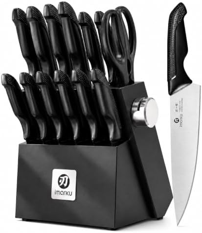 imarku 14-Piece Knife Set with Block and Built-In Sharpener, Black