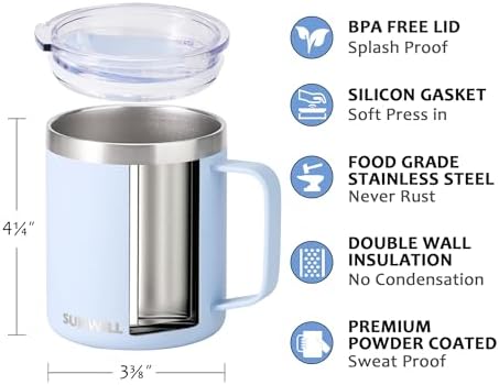 SUNWILL Insulated Coffee Mug, Stainless Steel 14 oz, Splash-Proof Lid