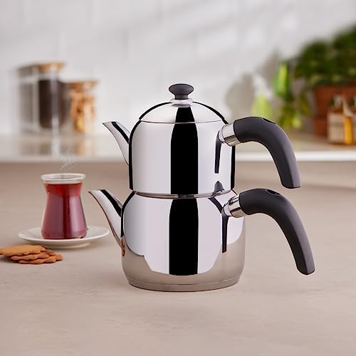 Karaca Edge Stainless Steel Turkish Small Teapot Set, Stackable Tea Maker, Teapot 0.85L, Tea Kettle 1.25L, Induction Compatible, Durable Metal Body, Silver & Black