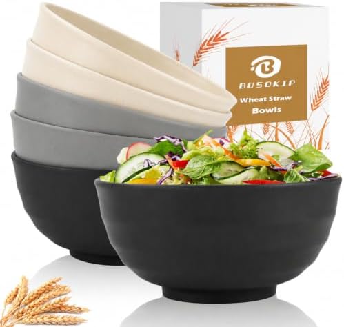 Wheat Straw Bowls Sets of 6, 60oz Large Plastic Bowl Reusable, Unbreakable Ramen Bowl, Microwave and Dishwasher Safe Soup Bowls for Kitchen, Camping, RV, Party - BlackBeige