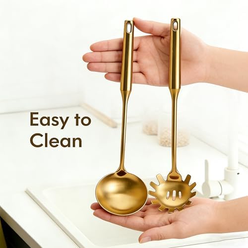 Gold Soup Ladle & Spaghetti Spoon Set, 18/10 Stainless Steel