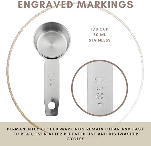 1/8 Cup Stainless Steel Measuring Cup | Sturdy Metal 30 ml | 30 cc | 1 oz | Single Cup for Wet and Dry Ingredients | Great for use as 1/8 Cup Coffee Scoop - 4 PK