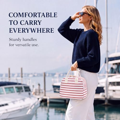 LOVELYWIND Lunch Box for Women, Insulated Lunch Bag, Pink Stripe Tote