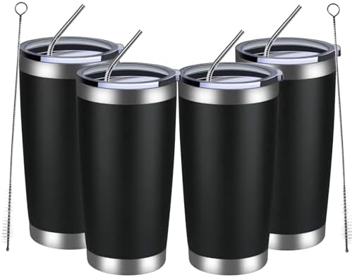 MEWAY 20oz Tumbler 4 Pack Double Wall Vacuum Insulated Travel Mug Bulk, Stainless Steel Tumblers with Lid and Straw, Durable Powder Coated Coffee Cups for Cold & Hot Drinks (Black, 4)