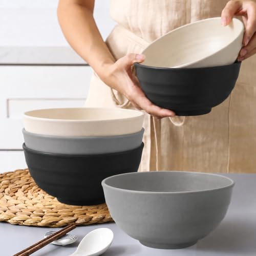 Wheat Straw Bowls Sets of 6, 60oz Large Plastic Bowl Reusable, Unbreakable Ramen Bowl, Microwave and Dishwasher Safe Soup Bowls for Kitchen, Camping, RV, Party - BlackBeige