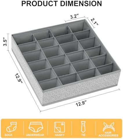 Joyoldelf Sock Drawer Organizer Divider Underwear Organizer 24-cell Fabric Dresser Drawer Organizers Storage Boxes for Socks Lingerie, Handkerchiefs, Ties 4 Pack (Gray)