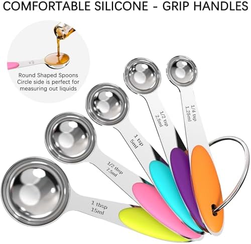 TILUCK Nesting Measuring Cups and Spoons Set, Stainless Steel with Soft Silicone Handle – Heavy Duty & Dishwasher Safe for Measuring Dry/Liquid Ingredients, Ideal for Cooking & Baking (12)