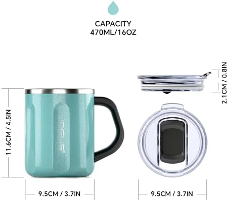 Ideus 16 oz Insulated Coffee Mug with Lid and Handle (Sky Blue, FUJI FLOW)