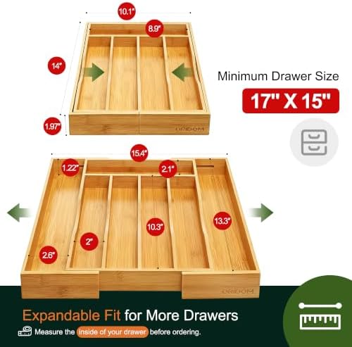 Expandable Bamboo Kitchen Drawer Organizer for Cutlery and Utensils, Adjustable Bamboo Wood Cutlery Tray in Drawer for Flatware and Silverware in Kitchen, (Natural)