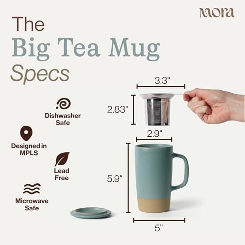 MORA Ceramics Large Tea Mug with Loose Leaf Infuser and Ceramic Lid, 18 oz, Portable, Microwave, Dishwasher Safe, Tall Coffee Cup - Rustic Matte Ceramic Glaze, Modern Herbal Tea Strainer, Iris